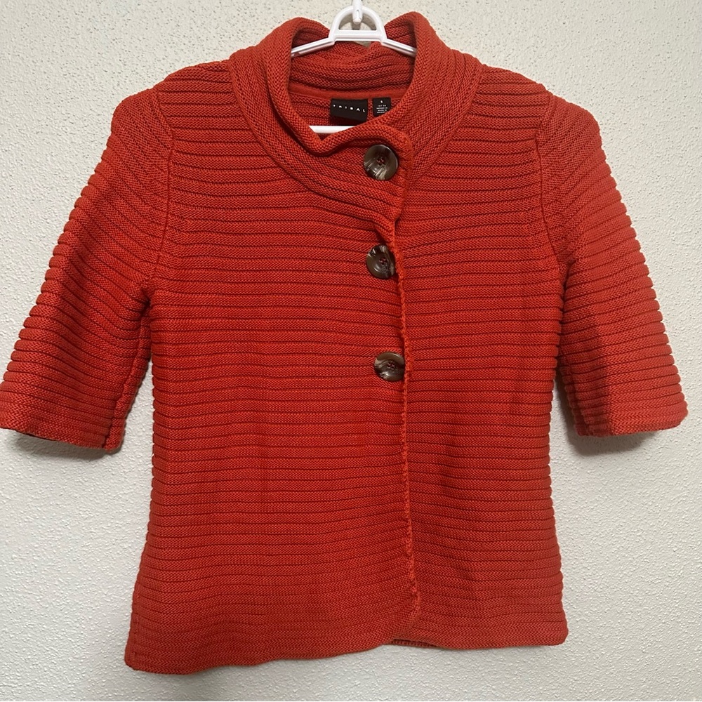 Tribal Women's Orange Cowl Neck Cardigan Sweater Quarter Length Sleeve